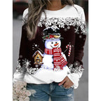 Snowman Printed Panel Loose Sweater – Casual Holiday Knit for Women