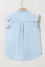 Sky Blue Mineral Wash Sleeveless Frill Button-Up Denim Shirt