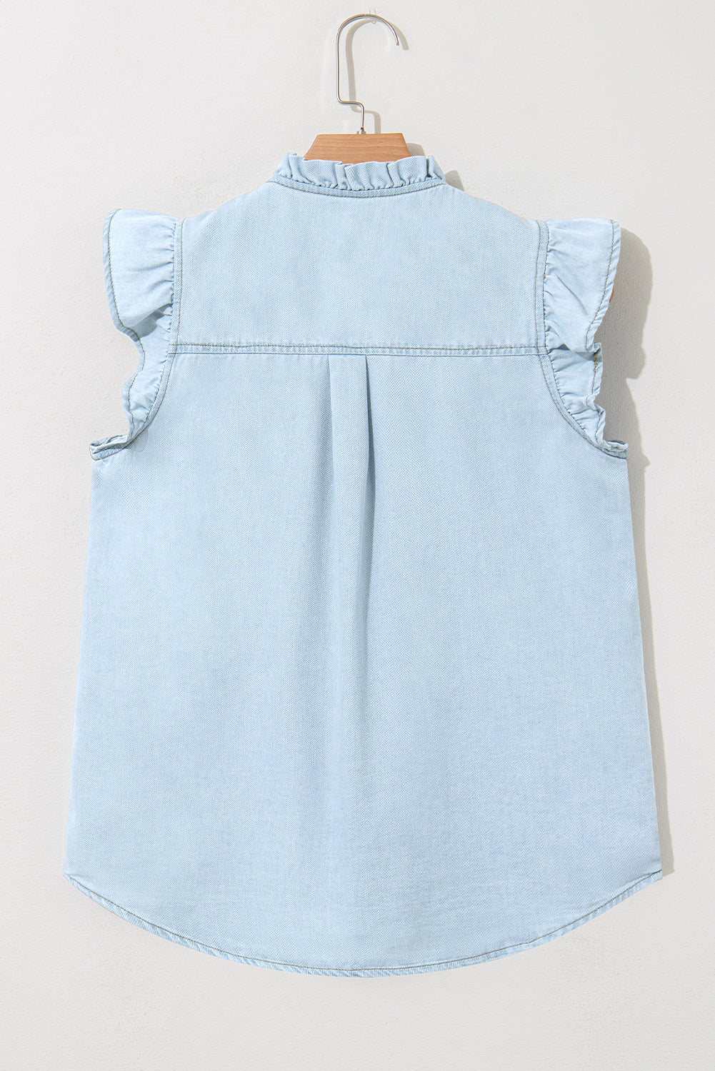 Sky Blue Mineral Wash Sleeveless Frill Button-Up Denim Shirt