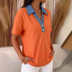 Women's Denim-Trimmed Linen Cotton Contrast Shirt
