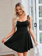 Women's Fashion Summer Solid Color Pleated Design Lace-Up Halter Dresses