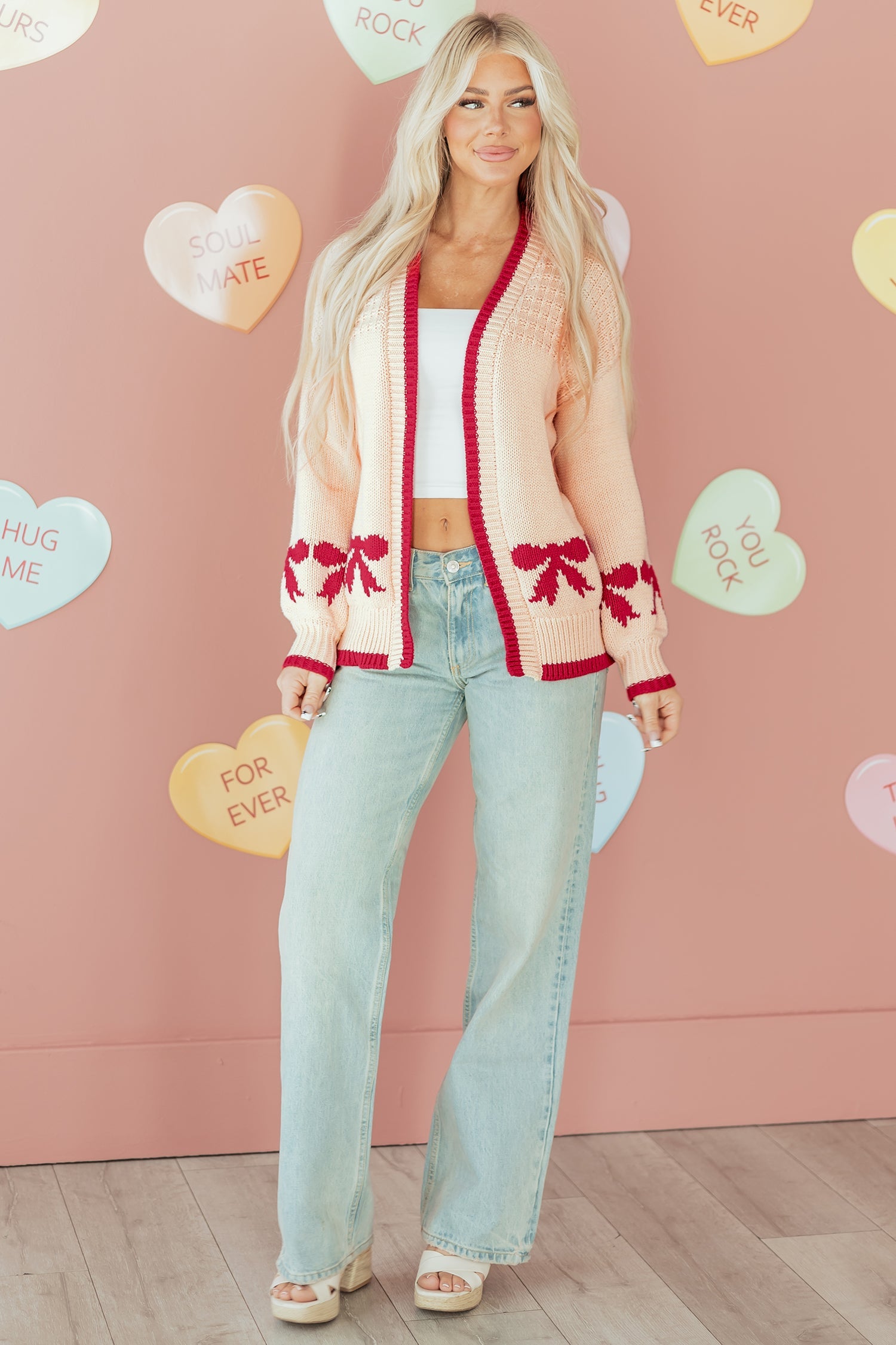 Apricot Bow Pattern Textured Open Front Baggy Cardigan