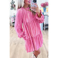 Strawberry Pink Flounce Sleeve Tiered Ruffled Velvet Mini Dress