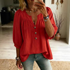 Women's Linen Three-Quarter Sleeve Buttoned T-Shirt – Loose Fit, Casual Chic