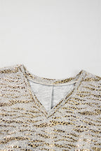 Gray Leopard Print 3/4 Sleeve V Neck Loose Fit T Shirt