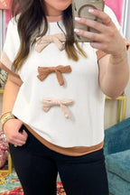 Apricot Bowknot Applique Plus Size Ribbed Top