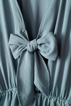 Gray Knot Front Casual Shirred Cuffs Puff Sleeve Romper