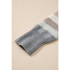 Gray Stripe Color Block Ribbed Edge Round Neck Sweater