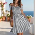 Women's Off-Shoulder Striped Waist-Cinching Midi Dress