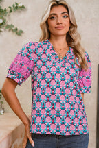 Sachet Pink Frill V-Neck Abstract Print Puff Sleeve Top