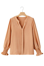 Straw Yellow Solid Shirred Cuff Notch V Neck Blouse