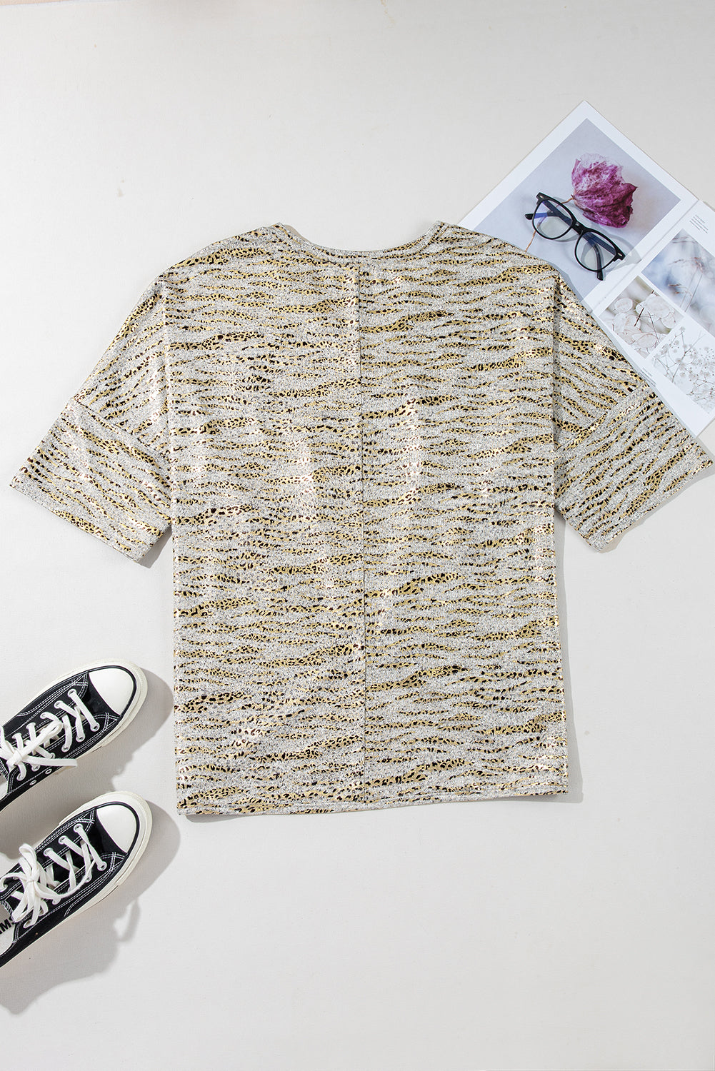 Gray Leopard Print 3/4 Sleeve V Neck Loose Fit T Shirt