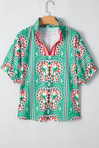 Sea Green Boho Abstract Print Contrast Striped Collared V Neck Blouse