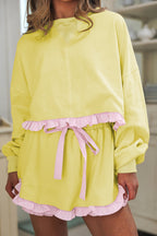 Yellow Cream Gingham Ruffle Hem Long Sleeve Pullover and Shorts Set