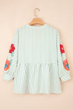 Green Stripe Flower Puff Sleeve Notched V Neck Babydoll Blouse