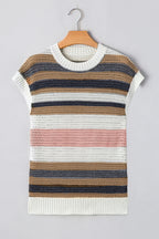 Pink Stripe Colorblock Eyelet Knit Short Sleeve Sweater Tee