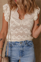 Beige Embroidered Patchwork Hollow Out Knitted Ruffle Sweater Vest
