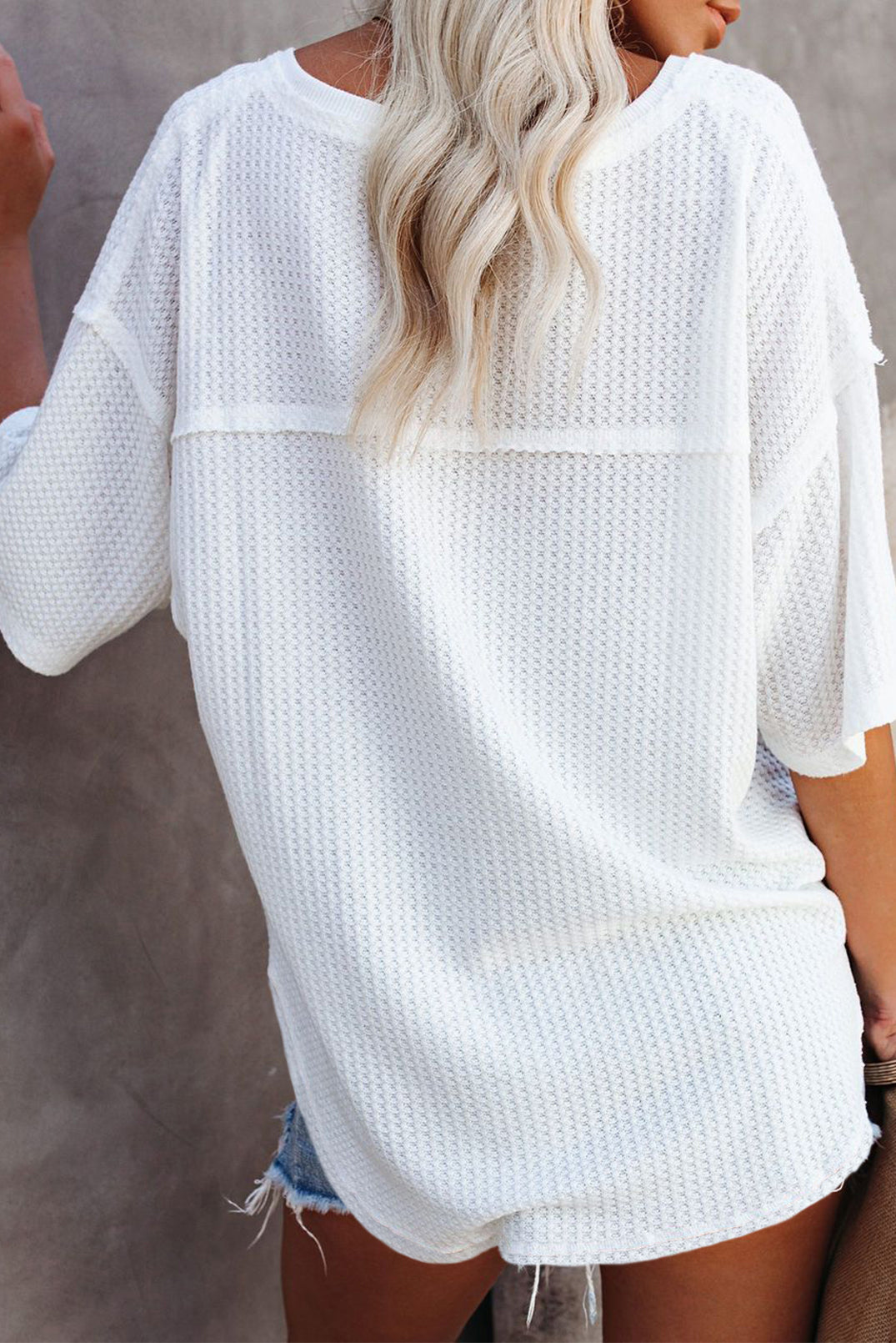 Rose Exposed Seam Drop Sleeve V Neck Waffle Textured Top