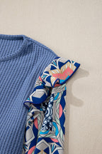Coffee Ruffle Floral Sleeve Patchwork Waffle Top