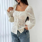 Women’s Square Neck Eyelet Lace Blouse – Puff Sleeve Hollow-Out Button Top