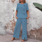 Women’s Button-Up Top and Loose Fit Two Piece Linen Set