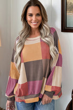Green Checkered Print Textured Knit Long Sleeve Loose Top