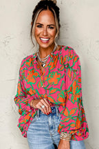 Blue Floral Print Batwing Sleeve Buttoned Loose Fit Shirt