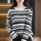 Versatile Loose-fitting Round-neck Striped Knit Top For Fallwinterstylish And Perfect As A Base Layer