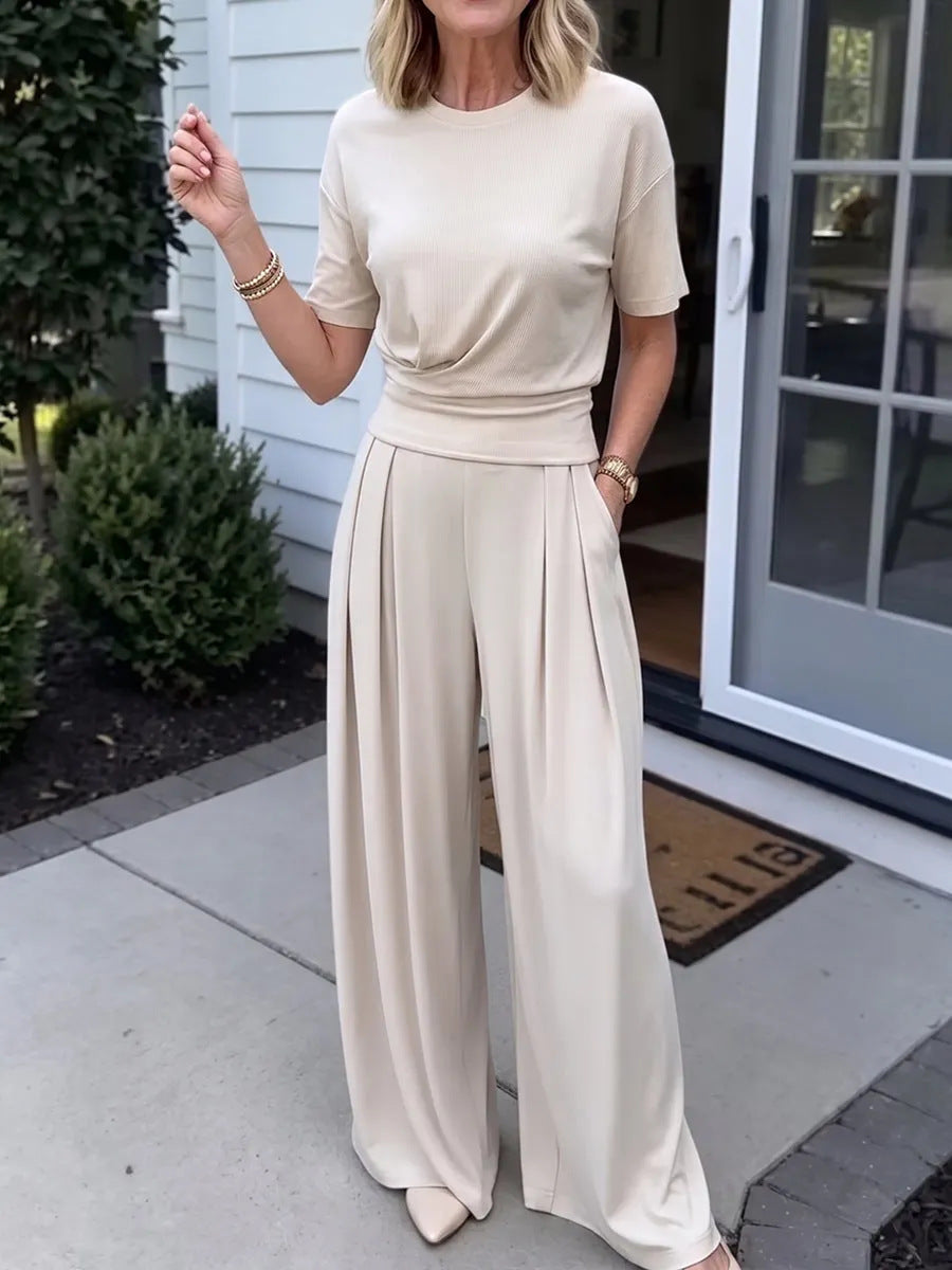 Women's Loose Crew-Neck T-Shirt & Wide-Leg Pants Two-Piece Set