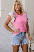 Bonbon Striped Ruffle Flutter Sleeve Ribbed Blouse