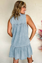 Real Teal Bowknot Neck Ruffled Sleeveless Chambray Dress