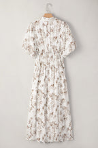 Khaki Floral Puff Sleeve V Neck Buttoned Front Maxi Dress