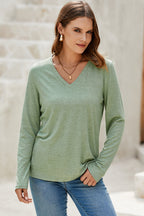 Grass Green Solid Color V Neck Long Sleeve Stretchy Top