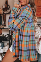 Red Plaid Print Drop Sleeve Loose Shirt