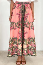 Pink Boho Abstract Print Beltd High Waist Skirt
