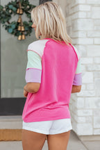 Blue Twisted Ribbed Color Block Patchwork Henley Short Sleeve T Shirt