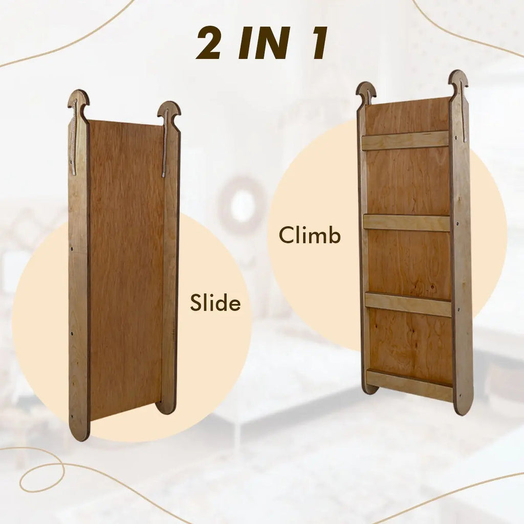 5in1 Montessori Climbing Set: Triangle Ladder, Climbing Arch, Slide, Net & Cushion – Chocolate