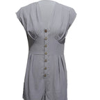 Women’s Short Button Front Jumpsuit – V-Neck Patchwork Romper