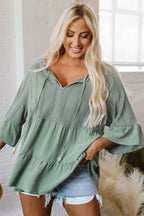 Laurel Green Tie Split Neck Textured Ruffle Patchwork Blouse