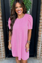 Bright Pink Corded Crew Neck Puff Sleeve Mini Dress