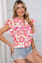 Rose Boho Floral Print Ricrac Ruffle Sleeve Blouse