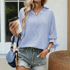 Women’s Striped V‑Neck Blouse with Ruffled Cuffs & Tie‑Back Slit