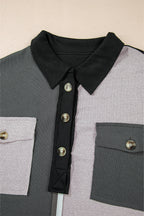 Gray Colorblock Patchwork Ribbed Oversized Henley Sweatshirt