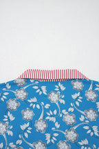 Blue Retro Floral Print Striped Trim Button Neck Short Sleeve Blouse