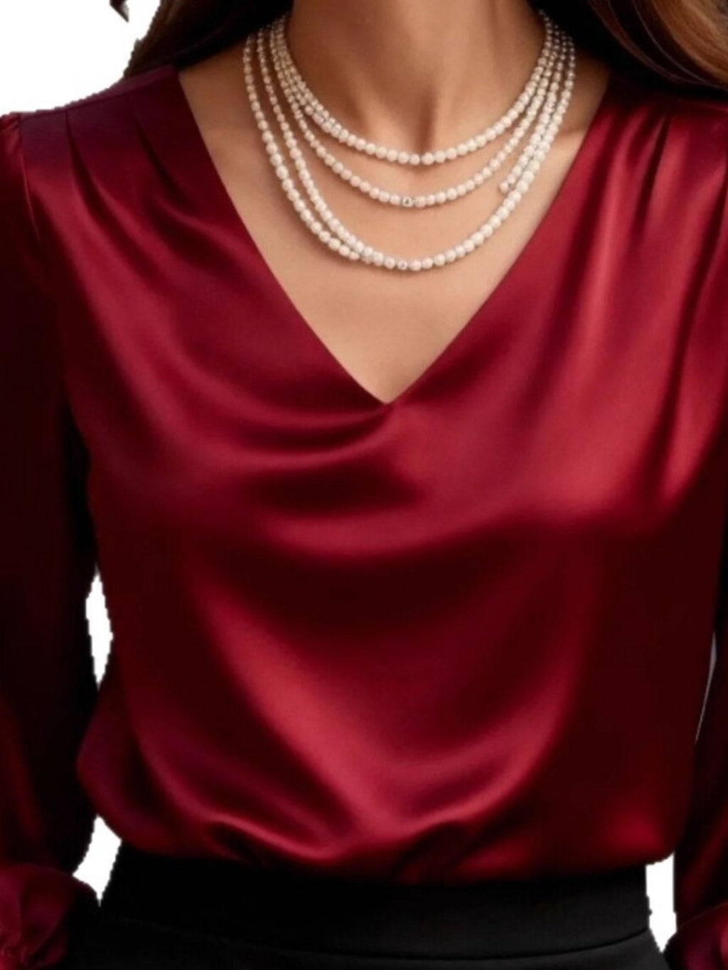 Satin V-Neck Long Sleeve Blouse