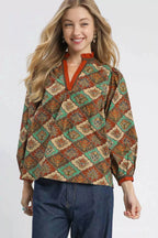 Umgee Abstract Print Ruffle Neck Top