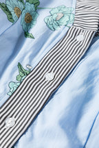 Sky Blue Floral Print Contrast Striped Trim Ruffled V Neck Fall Blouse