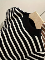 Semi-High Neck Striped Short-Sleeved T-Shirt