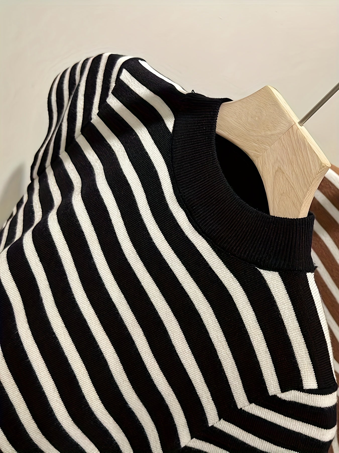 Semi-High Neck Striped Short-Sleeved T-Shirt