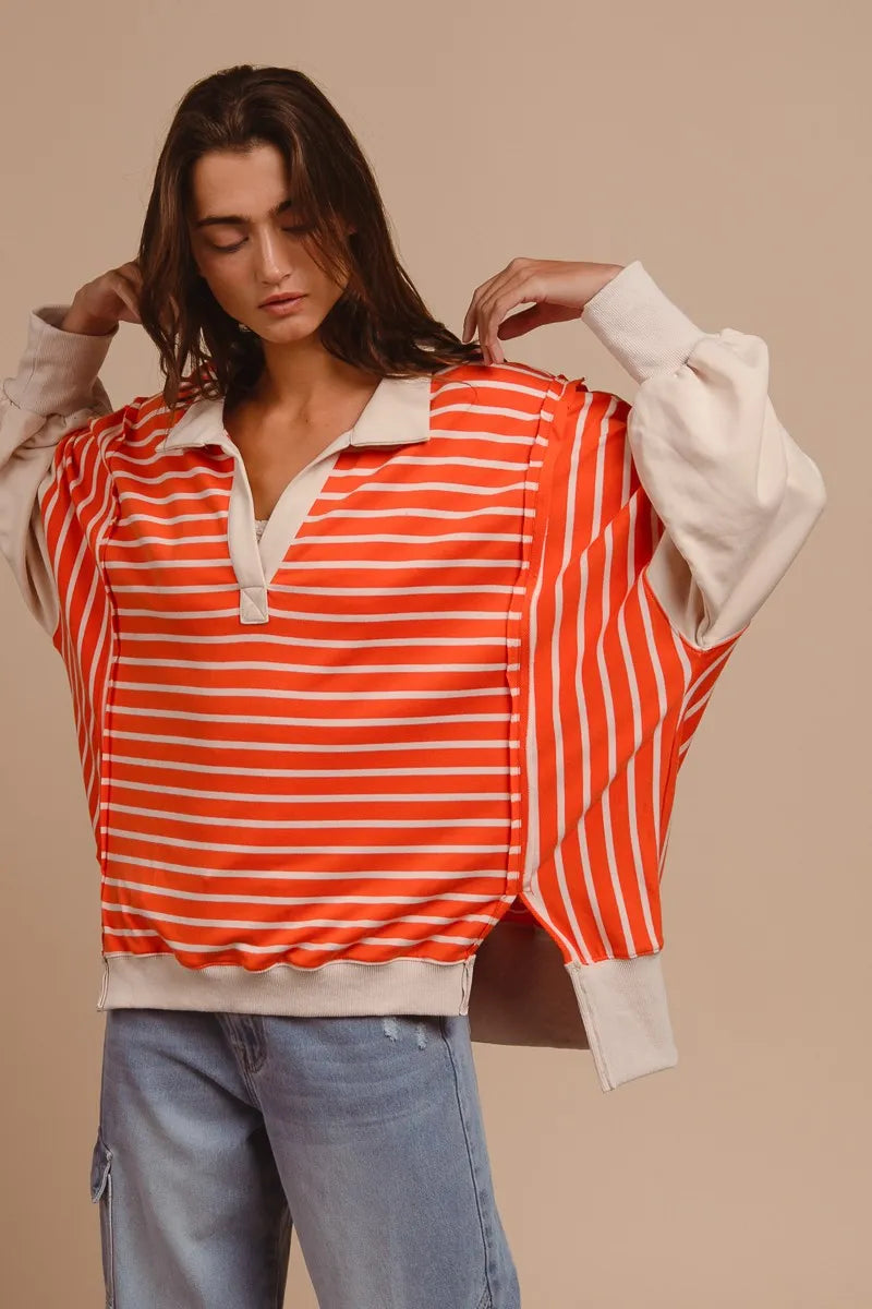 BiBi Stripe Knit Loose Fit Top With Cut Edge Detail
